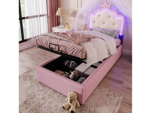 Merax Opbergbed van 90 x 200 cm met kroonvormig hoofdeinde - PU-leer - LED-verlichting - Lattenbodem - Roze (Matras niet inbegrepen)