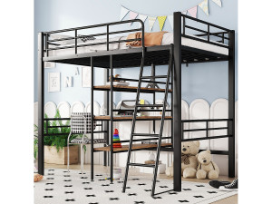 Merax Hoogslaper 90 x 200 cm met bureau en opbergplanken - Metaal en hout - Zwart (Zonder matras)