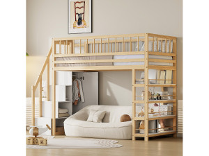 Merax Mezzaninebed 90 x 200 cm met kledingkast, planken en 3 vakken - Grenen + multiplex + MDF - Natuurlijke houtkleur