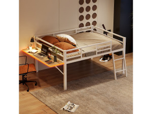 Merax Halfhoog bed 140 x 200 cm met bureau en ladder - Metaal - LED's - Lattenbodem - Wit (Zonder matras)