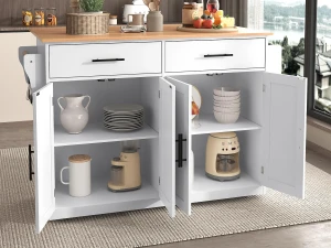 ModernLuxe Ilha central de cozinha - 2 gavetas e 4 compartimentos - pés com rodas ou de madeira - Branco