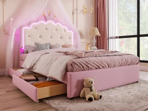 ModernLuxe Cama estofada 140x200cm em imitação de pele - com LED + 2 gavetas e cama de gavetão 90x190cm - Rosa