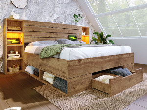 ModernLuxe Volwassen bed 160×200cm in hout + MDF - met leeslampje + oplaadpunten - met lattenbodem - Naturel