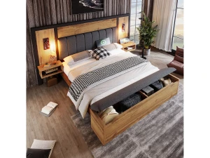 ModernLuxe Cama de adulto 180×200cm - com luz de leitura + tomadas de carga + banco de arrumação - com base metálica - Natural