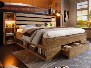 ModernLuxe Cama de adulto 180×200cm em madeira + MDF - com luz de leitura + tomadas de carga - com base de ripas - Natural