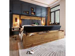 ModernLuxe Volwassen bed 160×200cm - met leeslampje + oplaadpunten + opbergbank - met metalen onderstel - Naturel