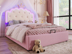 ModernLuxe Gestoffeerd opbergbed 140x200 cm in kunstleer - met LED en lattenbodem - Roze