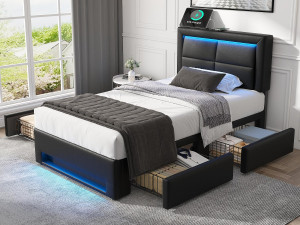 ModernLuxe Bed met lades 90x200 cm in kunstleer - met LED en oplaadpoorten (bedraad & draadloos) - Zwart