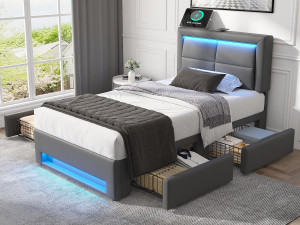 ModernLuxe Bed met lades 90x200 cm in kunstleer - met LED en oplaadpoorten (bedraad & draadloos) - Grijs