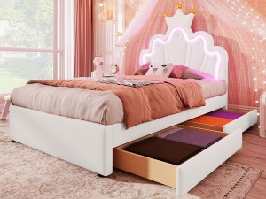 ModernLuxe Gestoffeerd kinderbed 90x200 cm - met LED en 2 lades - Wit