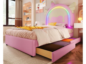 ModernLuxe Eenpersoonsbed bekleed met kunstleer 90x200 cm - met LED en 2 lades - Roze