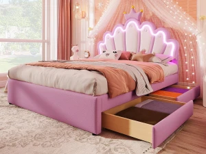 ModernLuxe Cama infantil estofada 140x200 cm - com LED e 2 gavetas - Rosa