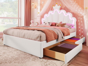 ModernLuxe Gestoffeerd kinderbed 140x200 cm - met LED en 2 lades - Wit