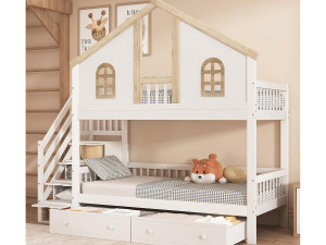 ModernLuxe Stapelbed met opbergtrap en 2 lades onder bed - 90x200 cm - met lattenbodem - Wit & Naturel