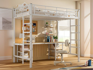 ModernLuxe Hoogslaper 90x200 cm - met bureau en planken - ijzeren frame - Wit
