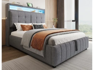 ModernLuxe Cama estofada em linho com arrumação - 140x200 cm - com LED + tomada USB + base de ripas - Cinza