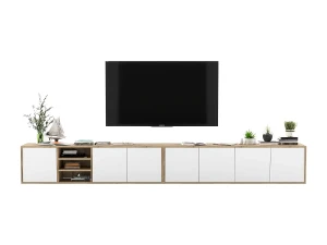 Mueble de TV con 7 puertas y 1 hueco - estructura roble wotan frentes blanco mate - 300 cm