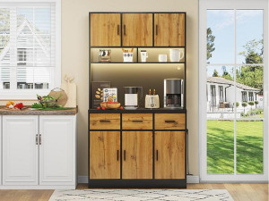 ModernLuxe Keukendressoir met LED - 6 deuren, 3 laden en 3 open vakken - Naturel