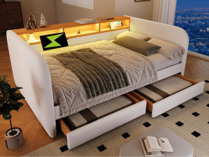 ModernLuxe Dagbed met 2 lades - linnenstof - 140x190 cm - met LED en oplaadfunctie - Beige