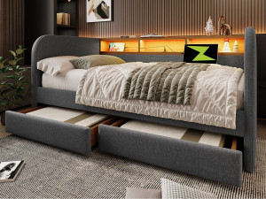ModernLuxe Daybed bed met 2 lades - linnen stof - 140x190 cm - met LED en oplaadfunctie - Grijs
