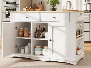ModernLuxe Ilha central de cozinha - carrinho com rodas e tomadas - com plano extensível - 2 portas 2 gavetas e 2 compartimentos - Branco