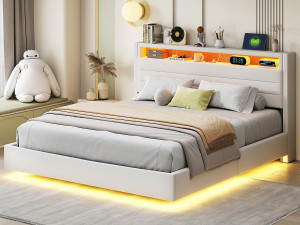 ModernLuxe Gestoffeerd linnenopbergbed 160x200 cm - met USB-aansluiting en LED - Beige