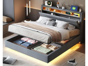 ModernLuxe Cama estofada em linho 140x200 cm - com tomada USB e LED - Cinza