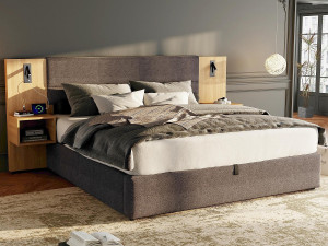 ModernLuxe Breed opbergbed 160x200 cm bekleed met fluweel - met USB-poort en LED - 2 nachtkastjes - Grijs & Naturel