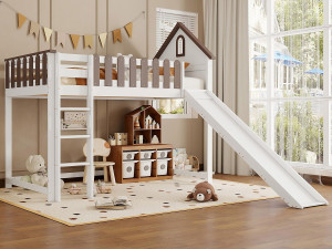 ModernLuxe Hoogslaper 90x200 cm met ladder en glijbaan - in grenenhout en MDF - Wit & Bruin