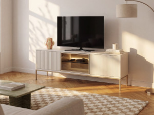 Unique Mueble de TV 3 puertas con LEDs en MDF y vidrio ahumado - Beige y negro - OVILA