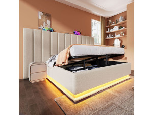 KOMHTOM Tweepersoonsbed gestoffeerd 180 x 200 met LED en USB-C opladen, bedframe met lattenbodem, linnen, beige, zonder hoofdbord.