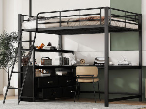 ModernLuxe Hoogslaper 140x200cm - hoekbureau met laden - in MDF en metaal - Zwart