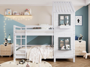 ModernLuxe Stapelbed 90x200 cm in massief hout - met lattenbodem - Wit & Grijs