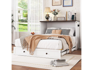 KOMHTOM Beddenkast 140 x 200, met laden aan het uiteinde van het bed en planken aan het hoofdeinde van het bed, met USB en stopcontacten, wit