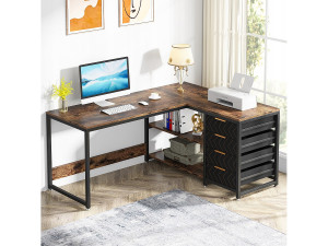 Tribesigns L-vormig hoekbureau met planken, omkeerbaar L-vormig bureau met monitorstandaard en planken voor thuiskantoor, bruin, 150 * 120 * 75 cm