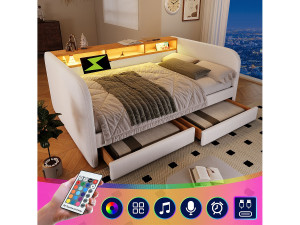 Merax Gestoffeerd bed 140 x 190 cm met 2 lades, slaapbank - LED en USB-C opladen - Linnenstof - Beige (zonder matras)