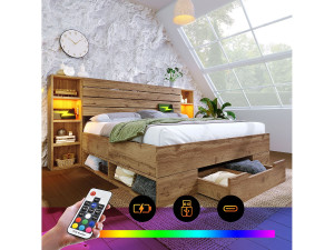 Merax Tweepersoonsbed 160 x 200 cm met lades en opbergplanken - leeslamp en USB-aansluitingen - Massief hout - Eiken (zonder matras)