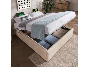 Merax Opbergbed 140 x 200 cm zonder hoofdbord - 2 zijvakken en USB + Type-C stopcontacten - Linnenstof - Beige (zonder matras)