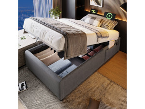 Merax Opbergbed 90 x 190 cm zonder hoofdeinde - 2 zijvakken en USB + Type-C stopcontacten - Katoenen stof - Grijs (zonder matras)