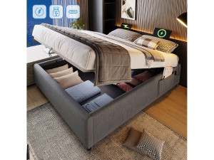 Merax Opbergbed 160 x 200 cm zonder hoofdbord - 2 zijvakken en USB + Type-C stopcontacten - Katoenstof - Grijs (zonder matras)