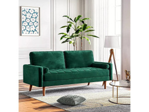 DripeX 2-zitsbank in groen fluweel, moderne woonkamerbank, met armleuningen en taps toelopende houten poten, lage rugleuning - 148,5x78x85cm