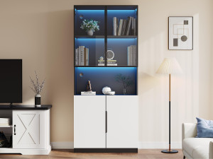 ModernLuxe Vitrinekast 80x30x200 cm met LED - 4 deuren (2 glazen deuren) - Wit & Zwart
