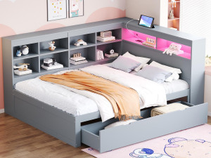 ModernLuxe Massief houten opbergbank bed 140x200 cm - met LED en USB-aansluitingen - Grijs