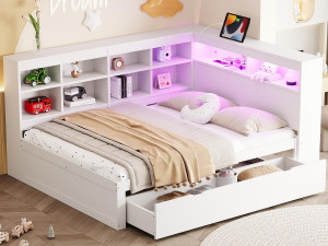 ModernLuxe Massief houten opbergbank bed 140x200 cm - met LED en USB aansluitingen - Wit
