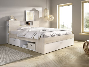 Vente-unique Bed met hoofdeinde met opbergruimte en lade 180 x 200 cm - Kleur: naturel en wit + Bedbodem - LEANDRE
