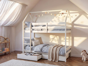 Vente-unique Stapelbed  2 x 90 x 190 cm - 2 lades - Grenen - Wit + Matras - CHORI