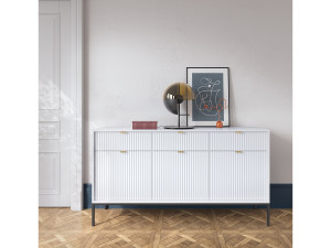 DOMO HOME Elegante commode DomoHome NOVA – 154x83x39cm, Geriffelde voorkant, Gouden handgrepen, Veelzijdig ontwerp, 3 lades en 3 deuren, Wit, Zwarte