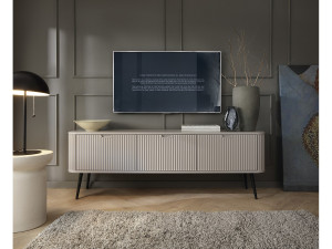 DOMO HOME ZOVA RTV-kast TV-Lowboard met geribbelde fronten, metalen poten, 3 deuren, moderne tv-kast, zwarte metalen poten, 168/57/39cm