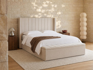 Vente-unique Bed met opbergruimte 180 x 200 cm met bankje - Stof - Beige + matras - DOUINO