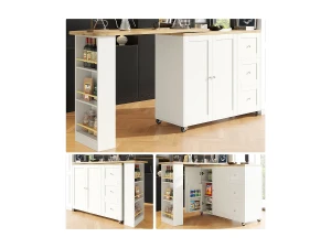 Merax Móvel bar giratório - 2 portas, 2 gavetas e prateleiras de arrumação - 138/209 x 39 x 104 cm - Madeira MDF e vidro - Branco + natural